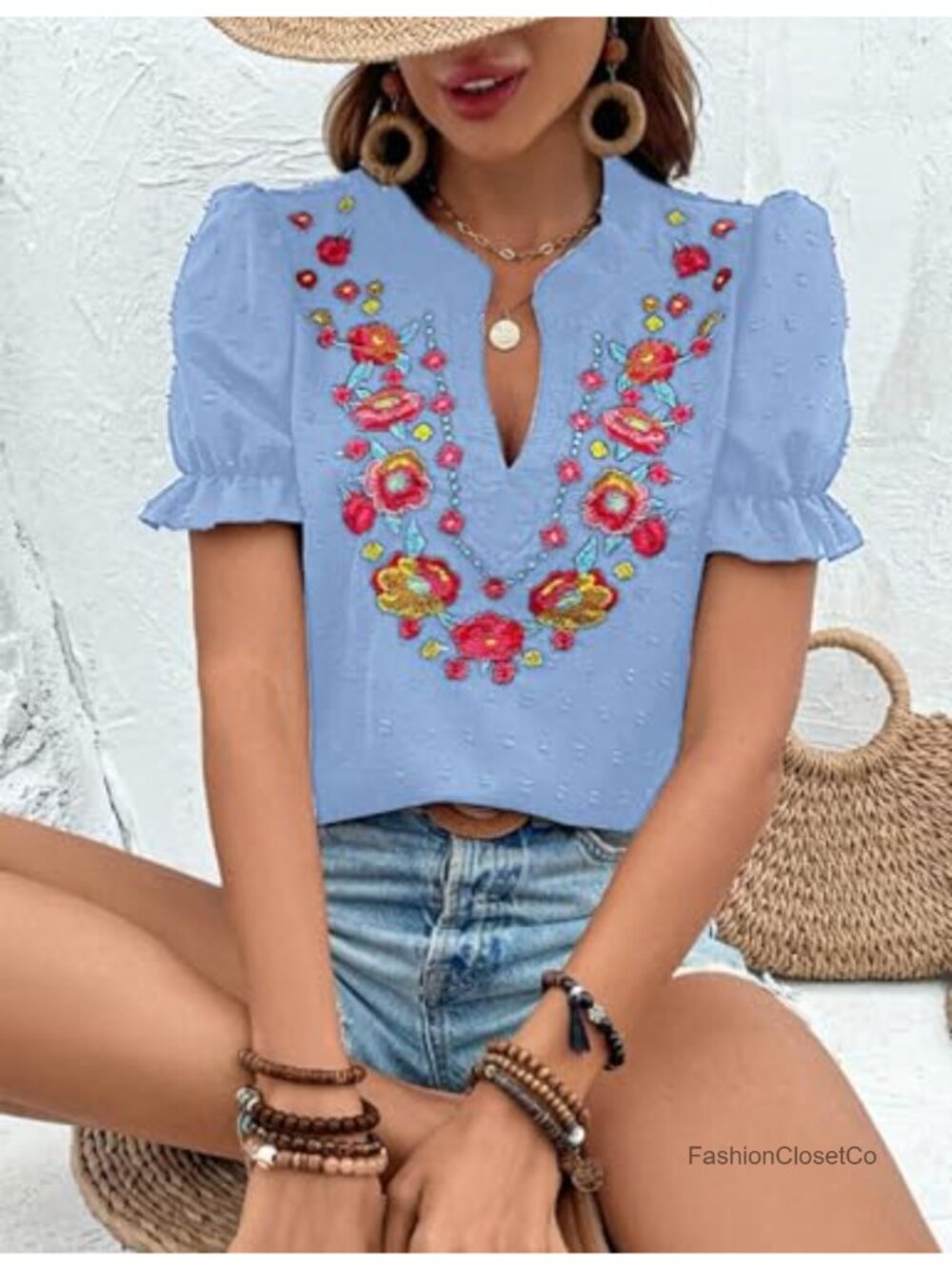 Women's Boho Floral Embroidered V Neck Puff Sleeve Blouse Peasant Top - Picture 4 of 6